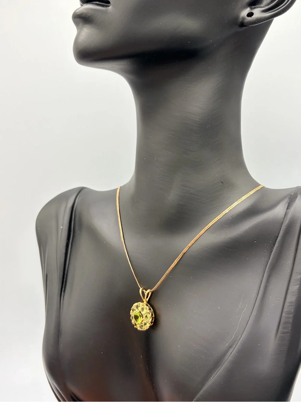Solid 14k Gold Green Peridot Round Halo Pendant - Vintage Victorian Style